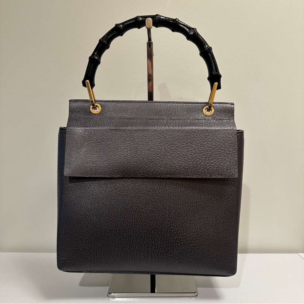 Gucci Vintage 90s Navy Leather Handbag with Black Bamboo Top Handle AUTH